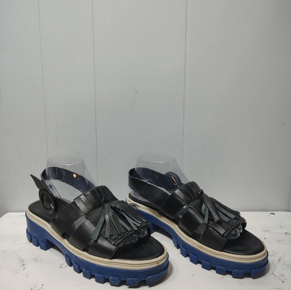 Manolita Demain Tratorada Preta Platform Sandals Black Leather Blue Sole Size 37 - Picture 4 of 9